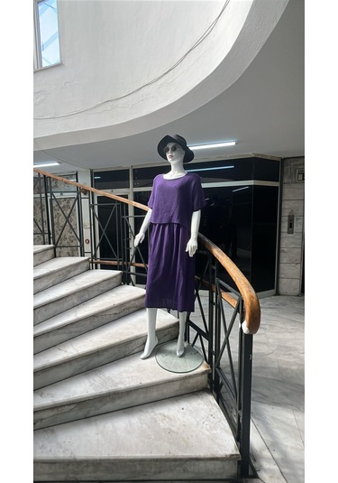 İtalyan Müslin Keteni Üstü File Bluzlu Astarlı Tek Parça Elbise-9256 Mor