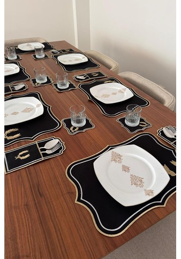 Edalım Keten Nakışlı Amerikan Servis Takımı 19 Parça Siyah Siyah