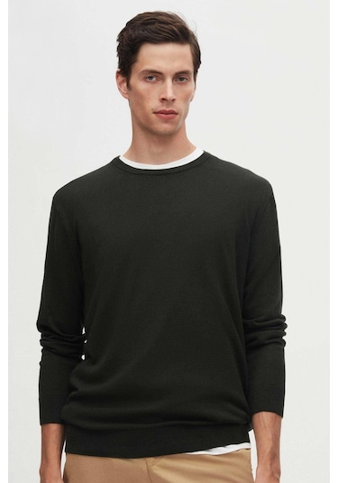 Regular Fit Haki Tüylenme Yapmayan Bisiklet Yaka Triko Kazak Haki