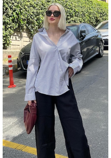 Madmext Siyah Çizgili Over Fit Gömlek Mg1525 Siyah