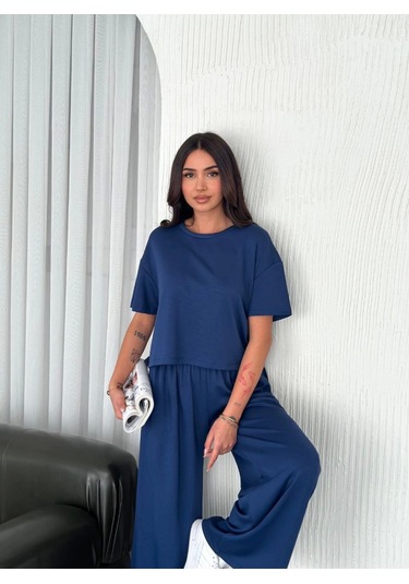 Osy Modal Yumuşak Dokulu Kumaş Bisiklet Yaka T-shirt Bol Paça Pantalon Ikili Takım -saks Mavi Saks Mavi