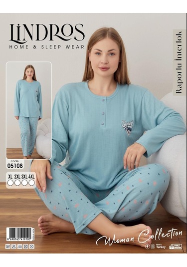 Lindros Kadın Pamuklu Düğme Yaka Raporlu İnterlok Battal Pijama Takımı 05108 - 1 Adet Yeşil