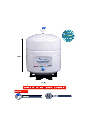 Su Arıtma Tankı – 12 Lt (3,2 Galon) Paslanmaz Metal + Vanalı ve Ayak