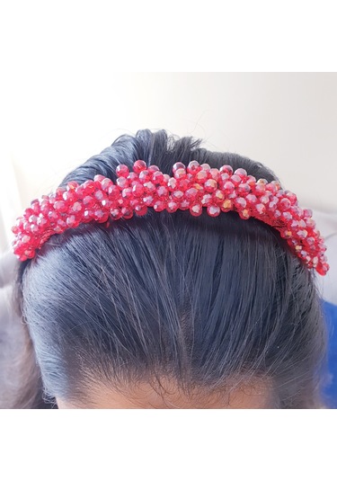 Kırmızı Kristal Boncuklu Gelin Tacı