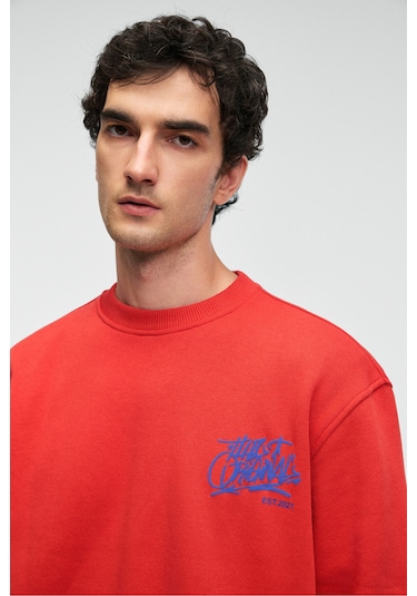 Grimelange IRVING Erkek Yuvarlak Yaka Göğsü Ve Önü Regular Fit Kiremit Rengi Sweatshirt