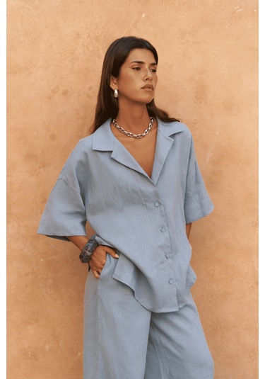 Baron Mavi Keten Gömlek Pantolon Takım mavi