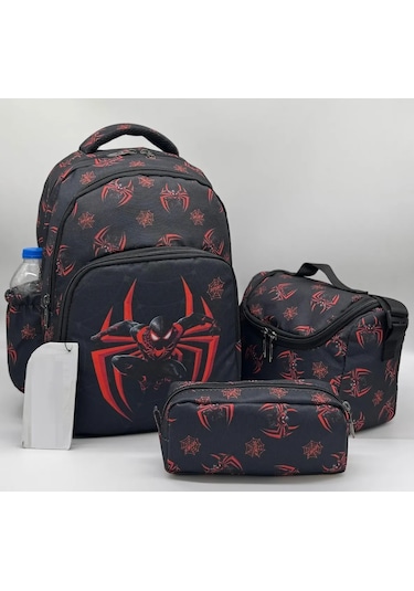 3lü Set Okul Çantası Erkek Lüx Okul Çantası Örümcek Siyah