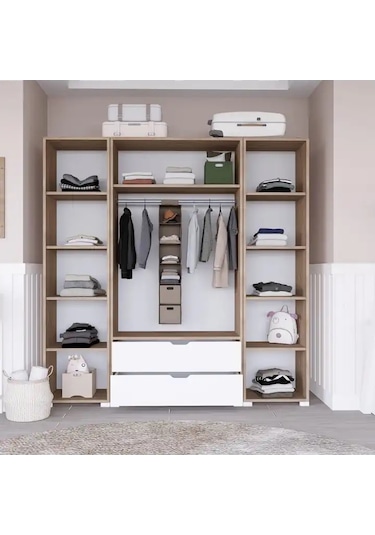 Nisan Açık Ceviz-beyaz 4 Kapılı 2 Çekmeceli Elbise Dolabı - Gardırop Seti Açık Ceviz & Beyaz
