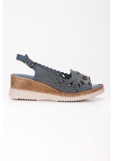 İç Dış Hakiki Deri Hafif Taban Günluk Kot Mavi Kadın Sandalet Mavi