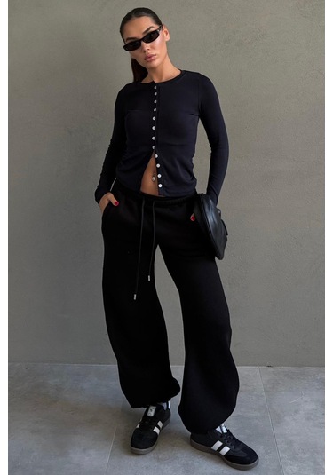 Siyah Geniş Paça Rahat Kalıp Lastikli Eşofman Altı Mg2581 SiYAH