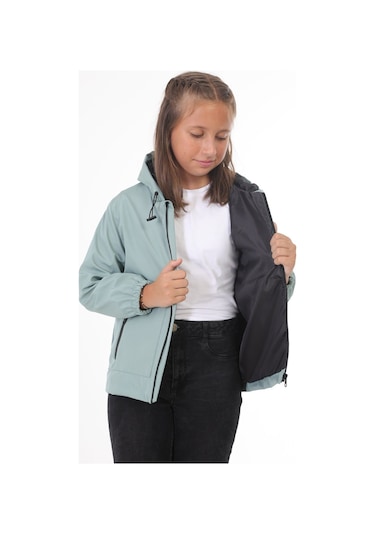 Freemen İçi Astarlı Su ve Rüzgar Geçirmez Kapüşonlu Çift Fermuarlı Cepli Kız Çocuk Hırka - Mint Yeşili