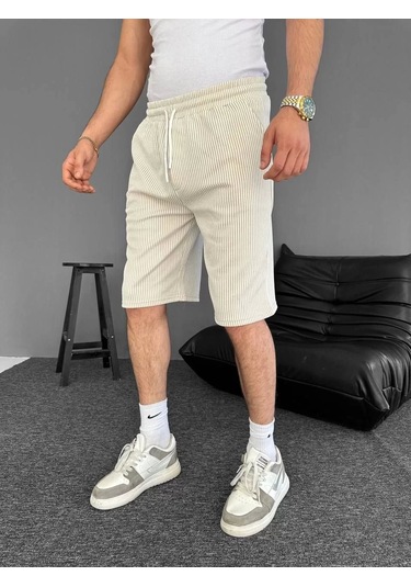 Su Yolu Çizgili Ön Arka Cepli Şort Yazlık Nefes Alabilir - Bej Bej