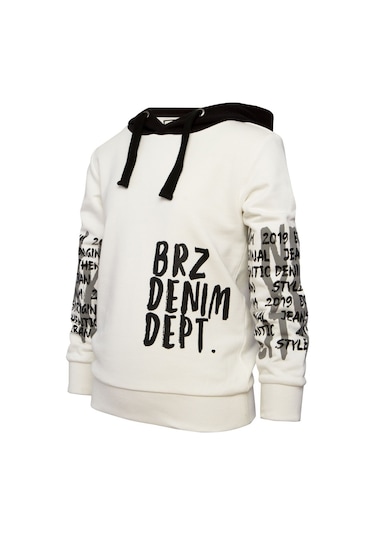 Brz Kids Ekru Renk Baskılı Erkek Çocuk Kapüşonlu Sweatshirt Beyaz