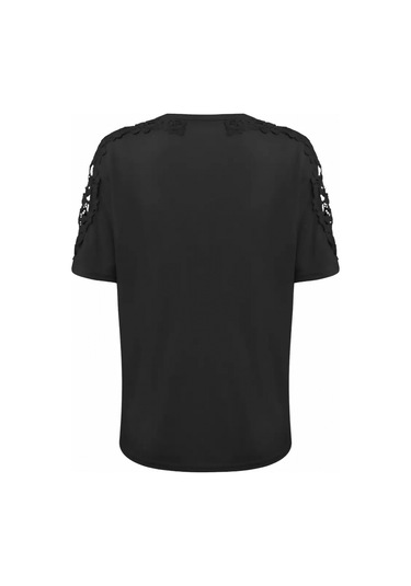 Munn Collection Kadın Kısa Kollu Bisiklet Yaka Kolları Çiçekli Güpür Detay Viskon Bluz Siyah