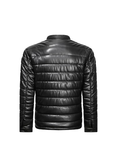 Düz Şişme Mont Hakiki Kuzu Derisi Siyah