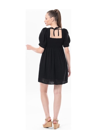 Kısa Kol Lara Kare Yaka Bağlama Detaylı Yazlık Müslin Elbise Siyah Syh-siyah Siyah
