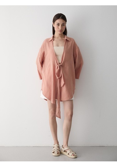 Somon Flam Keten Kimono Gömlek Somon