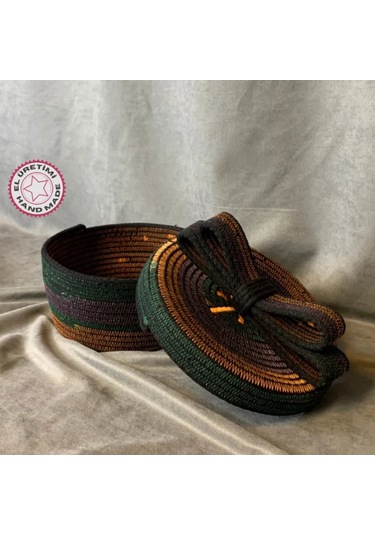 Uretti - Fatma 7987 - El Yapımı Koton İp Fiyonklu Kapaklı Dekoratif / Organizer Sepet Çok Renkli