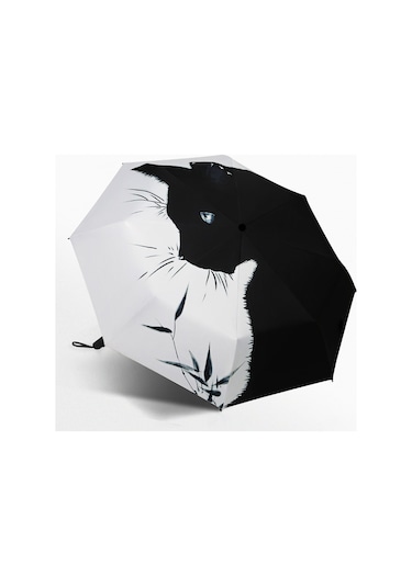 Siyah Beyaz Kedi Desenli Katlanır Şemsiye, Yağmur Geçirmez Güneş Koruması Uv Koruması Seyahat Şemsiyesi Kedi Desenli Otomatik Şemsiye Diğer