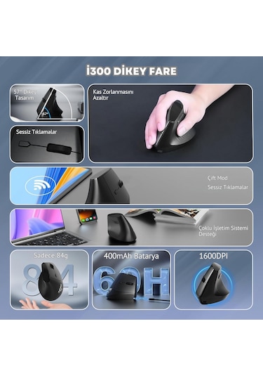 İ300 Kablosuz Ergonomik Dikey Mouse- 84gr-sessiz Tıklama- 57 Açı-16.000 Dpı Diğer
