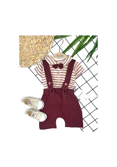 Erkek Bebek Çizgili Gömlekli Papyonlu Salopet-5712-bordo Bordo