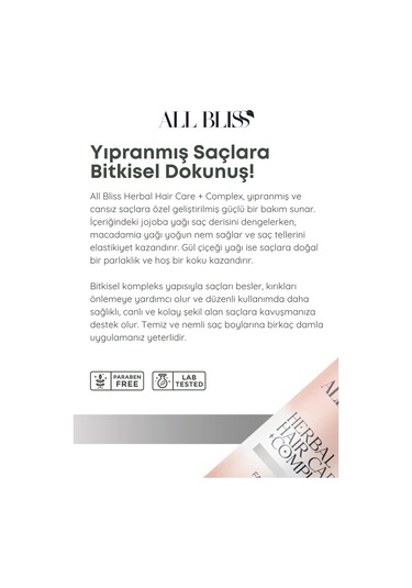All Bliss Bitkisel Saç Bakım Serumu 50 Ml Yıpranmış Saçlar İçin Onarıcı Ve Parlatıcı Bakım Jojoba, Gül Yağı, Macadamia