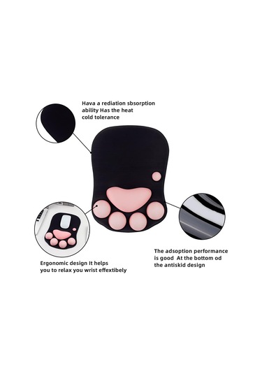 Kedi Ayağı Ve Bilek Desteğine Sahip Mouse Pad, Taşınabilir Ergonomik Kaymaz Oyuncu Mouse Pad'i Bilek Ağrısını Giderir 10,7 X 7,7 X 1,1 İnç Siyah Sakura