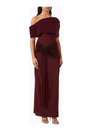 Ac By Aanchal Chanda Off - Shoulder Rose Drape Gül Drapeli Omuz Dekolteli Uzun Kadın Elbise Koyu Mor
