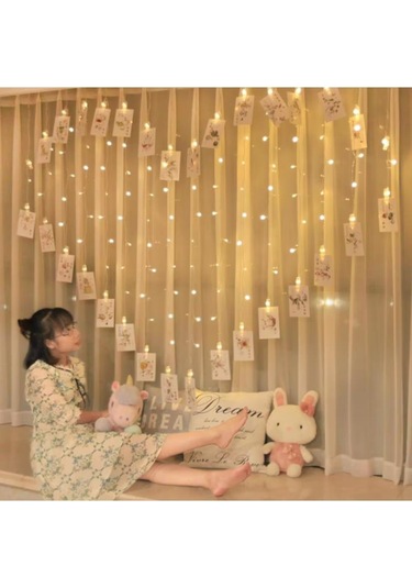 Fotoğraf Asılabilen Kalp Şeklinde Mandallı 2x1,5 Sarı Perde Led, Sevgiliye Sürpriz İçin Fotoğraf Albümü