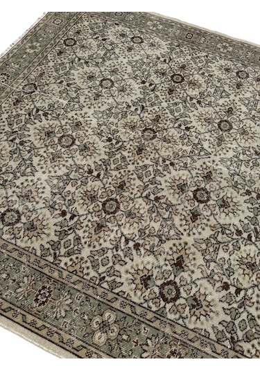 El Dokuma Vintage Isparta Halısı 202x335 Krem Kahve Eskitme Halı Kahverengi - Krem