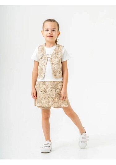 Kız Çocuk Keten Üçlü Şort Etekli Yelekli Takım-15888 Bej
