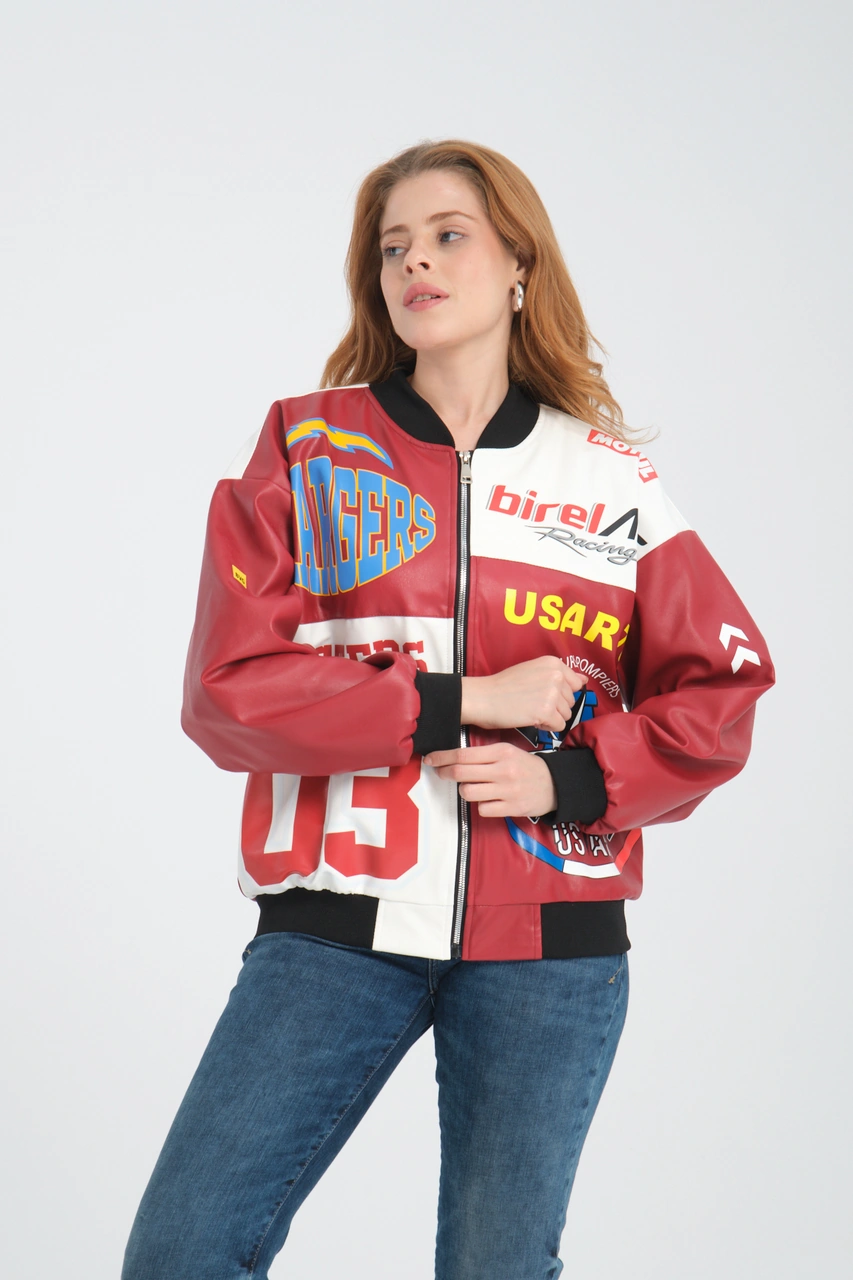 Kadın Oversize Baskılı Deri Motorcu Montu Fermuarlı Yarışçı Ceket Astarlı Bomber Kolej Mont Kırmızı Kadın Oversize Baskılı Deri Motorcu Montu Fermuarlı Yarışçı Ceket Astarlı Bomber Kolej Mont Kırmızı