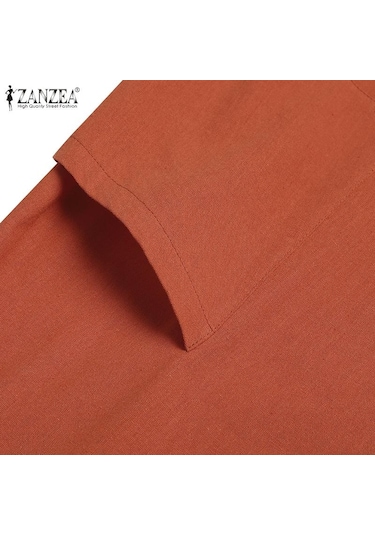 Zanzea Pamuk Keten Elbise Kadın Yaz Rahat O-boyun Yarım Kollu Elbise Haki