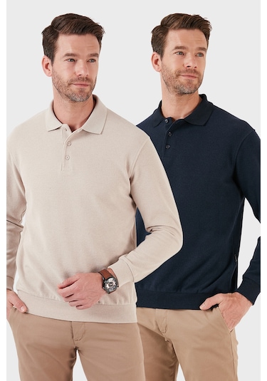 Buratti Pamuk Karışımlı Regular Fit 2'Li Paket Erkek Polo Yaka Kazak 456223S2 Bej-Lacivert