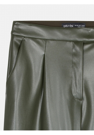 Dilvin 72238 Suni Deri Paçası Geniş Pantolon-yeşil Yeşil