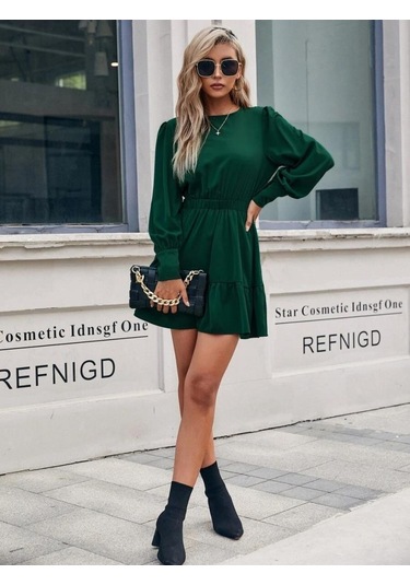Kadın Uzun Kollu Bisiklet Yaka Beli Lastikli Fırfırlı Ithal Krep Elbise Yeşil