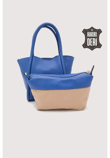 Hakiki Deri Kadın Organizerlı El Çantası Mavi Smr9206 Mavi