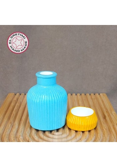 Uretti - Pınar 2572 1733 El Yapımı Vazo Ve Tealight Mumluk 2'li Dekoratif Set Mavi - Sarı
