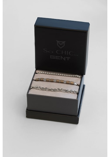 Kahverengi Hematit Taşlı Ayarlanabilir Erkek Çelik Üçlü Bileklik Seti Gri