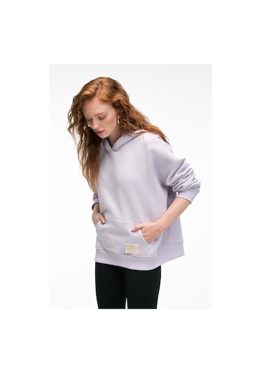Grımelange Clarıe Kadın Organik Pamuklu Oversize Kanguru Cepli Kapüşonlu Lila Sweatshirt Lila