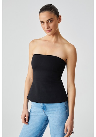 ORIANA Kadın Slim Fit Straplez Siyah Bluz