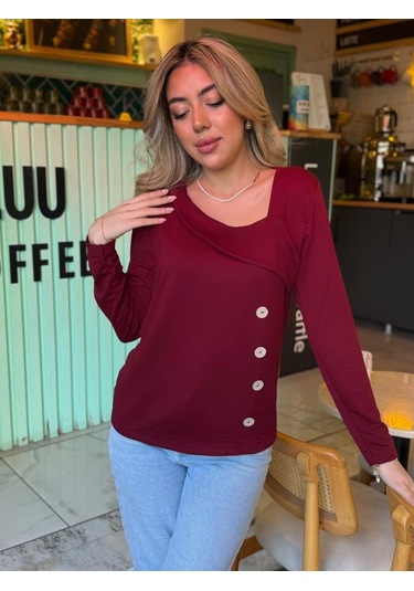 Kadın Uzun Kollu Geometrik Yaka Detay Yandan Düğmeli Viskon Iki Iplik Bluz Antrasit Melanj