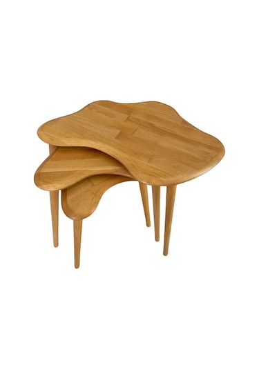 Fawdecor Asimetrik Masif Ahşap Zigon Sehpa Takımı 3'lü Set Meşe