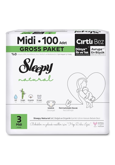 Sleepy Natural Gross Paket Bebek Bezi 3 Numara Midi 100 Adet