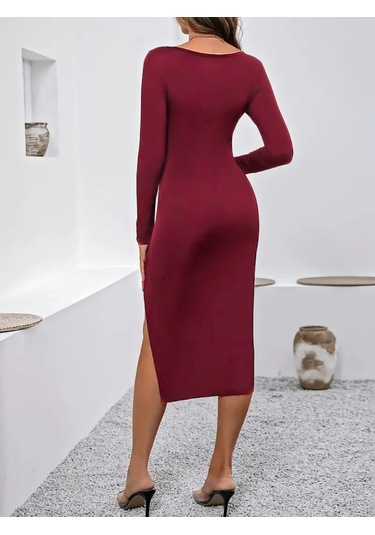 Nnstartshopping Kadın Uzun Kollu Göğüs Ve Göbek Dekolte Detay Sandy Midi Boy Elbise Kırmızı