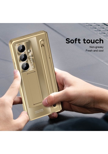 Samsung Galaxy Uyumlu Z Fold7 5g Kılıf Destekli Menteşeli Pc Telefon Kılıfı, Temperli Cam Filmi Ve Kalem - Altın Altın