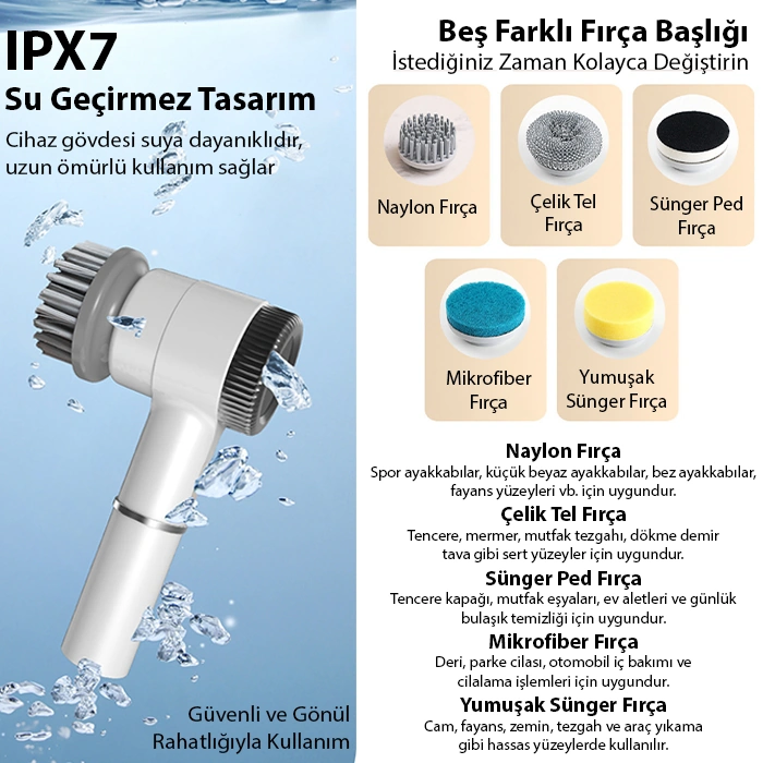 Ezere Turbobrush 5 Başlıklı Elektrikli Temizlik Fırçası