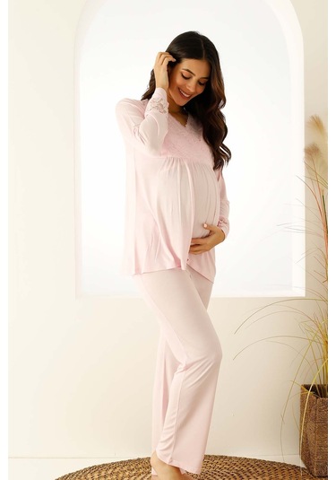 Premium Kutulu Emzirme Bölmeli Dantelli Hamile Lohusa Pijama Takımı Açık Pembe