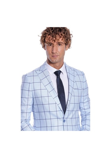Kare Desenli Slim Fit Açık Mavi Erkek Ceket 001