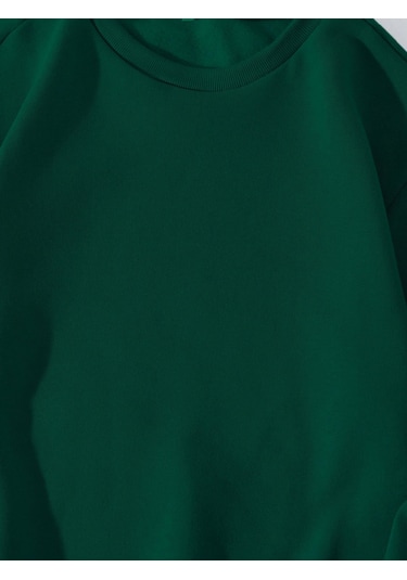 Unisex Oversize Bisiklet Yaka Basic Düz Sweatshirt - Koyu Yeşil